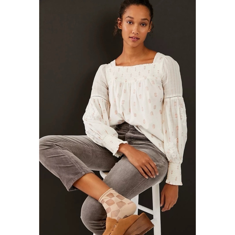 Anthropologie Top Shania Clip Dot Shimmer Blouse Long Sleeve White Pink XS